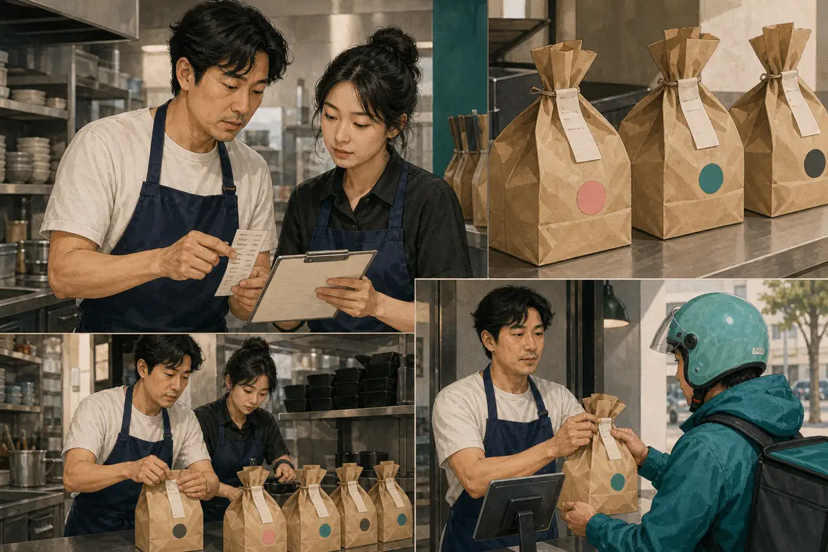 한국 배달전문점 사장님과 직원이 주문표, 포장 체크와 기사 인계 기록을 대조하는 장면