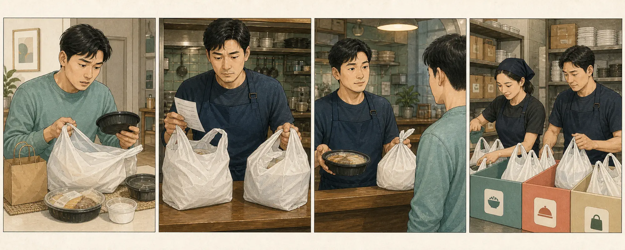 한국 배달음식점에서 고객이 누락 메뉴를 알리고 직원이 주문표와 포장을 확인해 재배달 또는 환불하는 4컷 일러스트