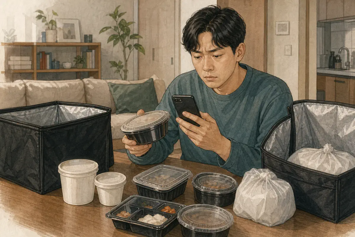한국인 배달 고객이 식탁 위 봉투와 용기를 펼쳐 누락된 메뉴를 휴대전화 주문내역과 비교하는 장면