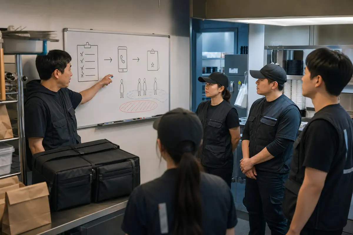 한국 배달전문점 직원들이 주소 확인과 연락두절 처리 체크리스트를 점검하는 장면