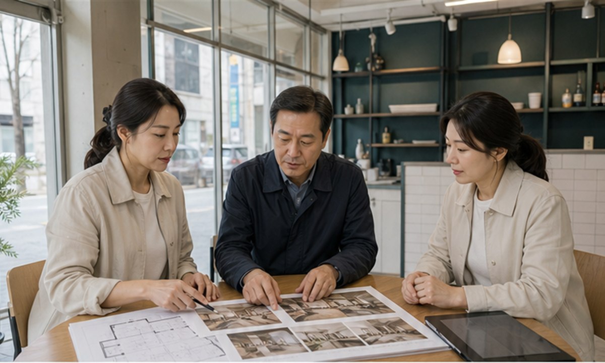 매장 운영자와 임대인, 관리자가 입점 당시 사진과 평면도를 보며 철거·존치·보수 범위를 확인하는 장면