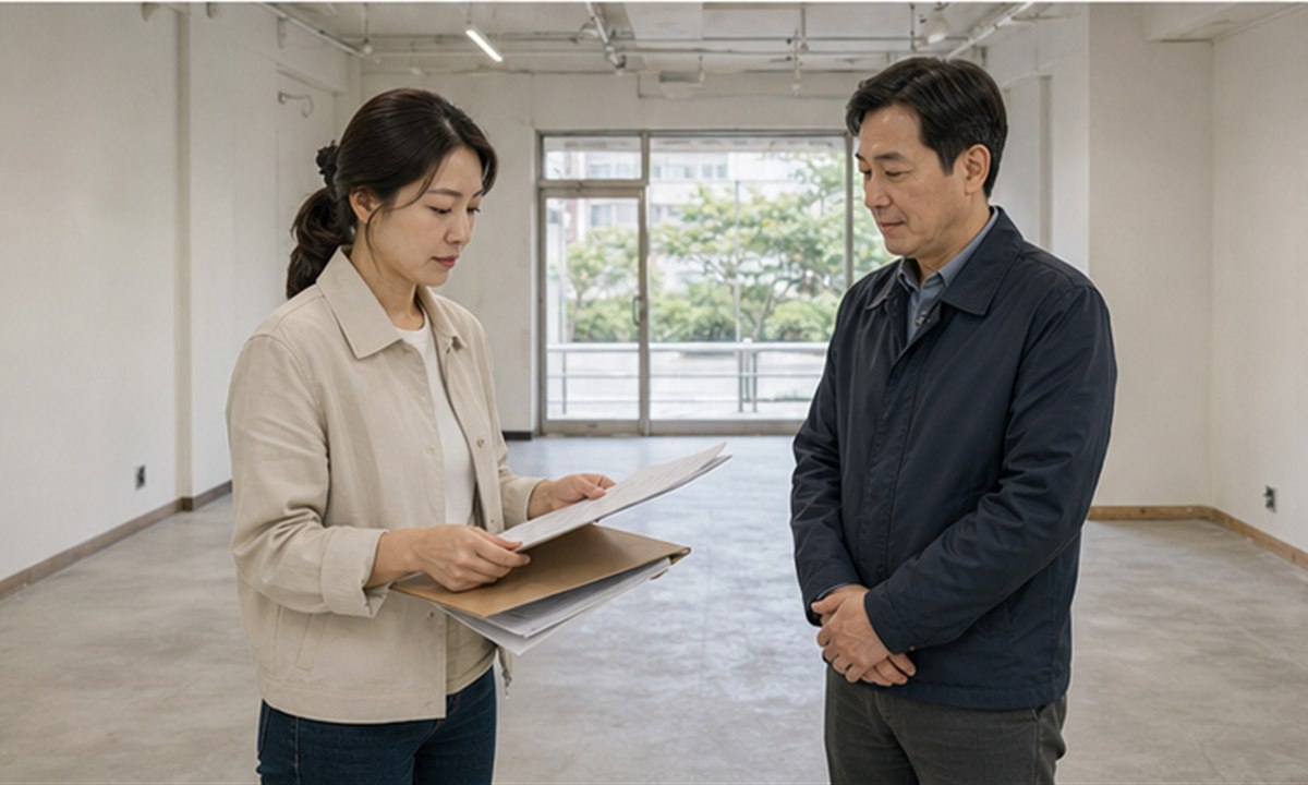 깨끗하게 비워진 매장에서 운영자와 임대인이 표시 도면을 보며 최종 검수하고 인도 상태를 확인하는 장면