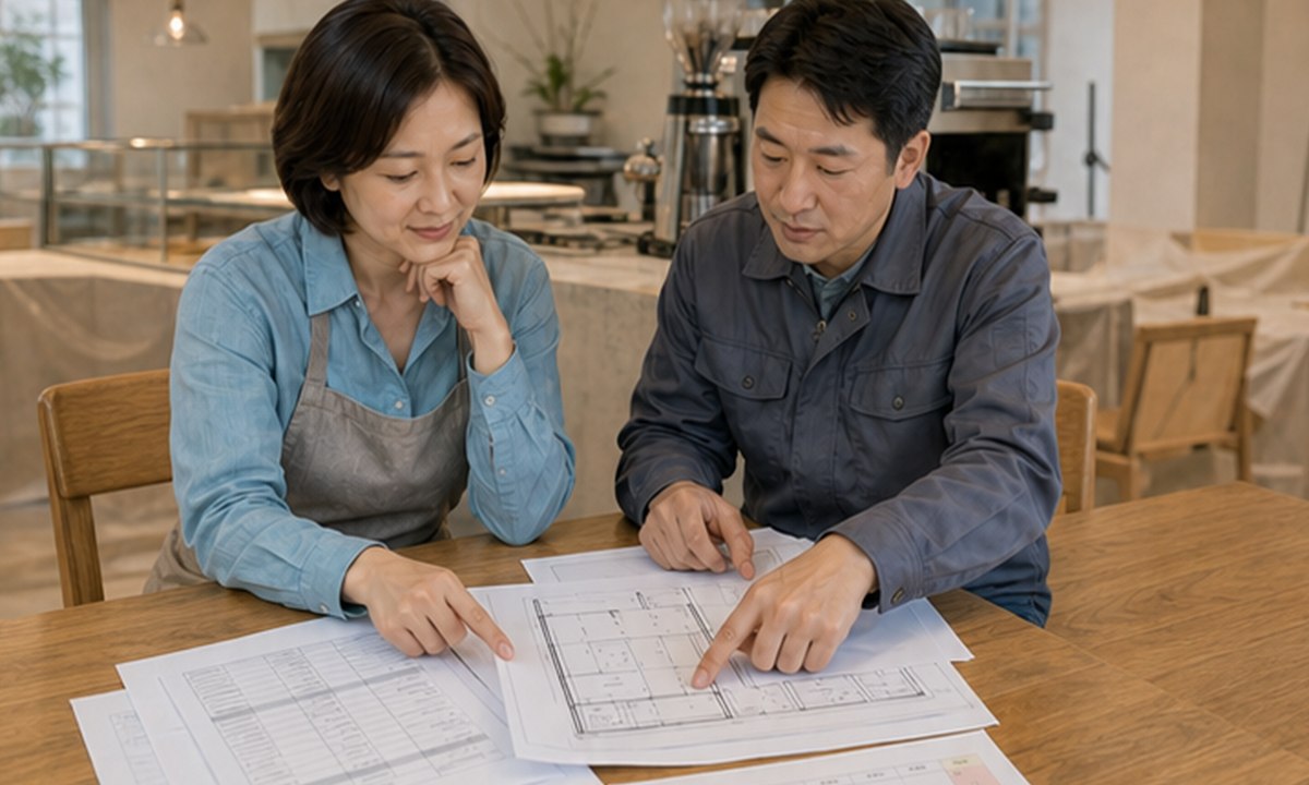 예비 사장님과 등록 전기공사업체 담당자가 매장 분전반 앞에서 장비 목록, 단선결선도와 항목별 견적을 함께 검토하는 장면
