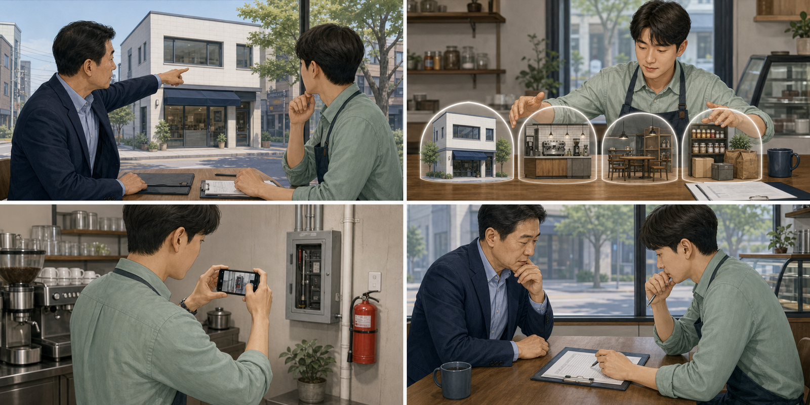 예비 사장님이 건물주 보험과 매장 인테리어, 집기, 재고, 배상책임 보장을 구분하고 현장 사진을 남긴 뒤 가입 조건을 확인하는 4컷 안내 이미지