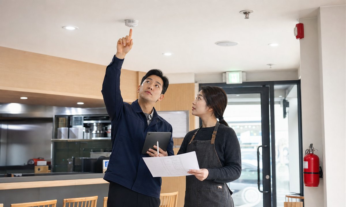 한국 매장 사장님과 소방시설 공사업자가 준공도면을 들고 천장 감지기와 스프링클러 설치 위치를 함께 확인하는 장면