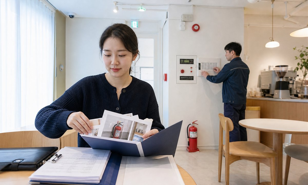 한국 매장 사장님이 소방시설 준공도면과 설치사진, 시험기록, 완공 서류를 한 파일에 정리하고 공사업자가 설비를 확인하는 장면