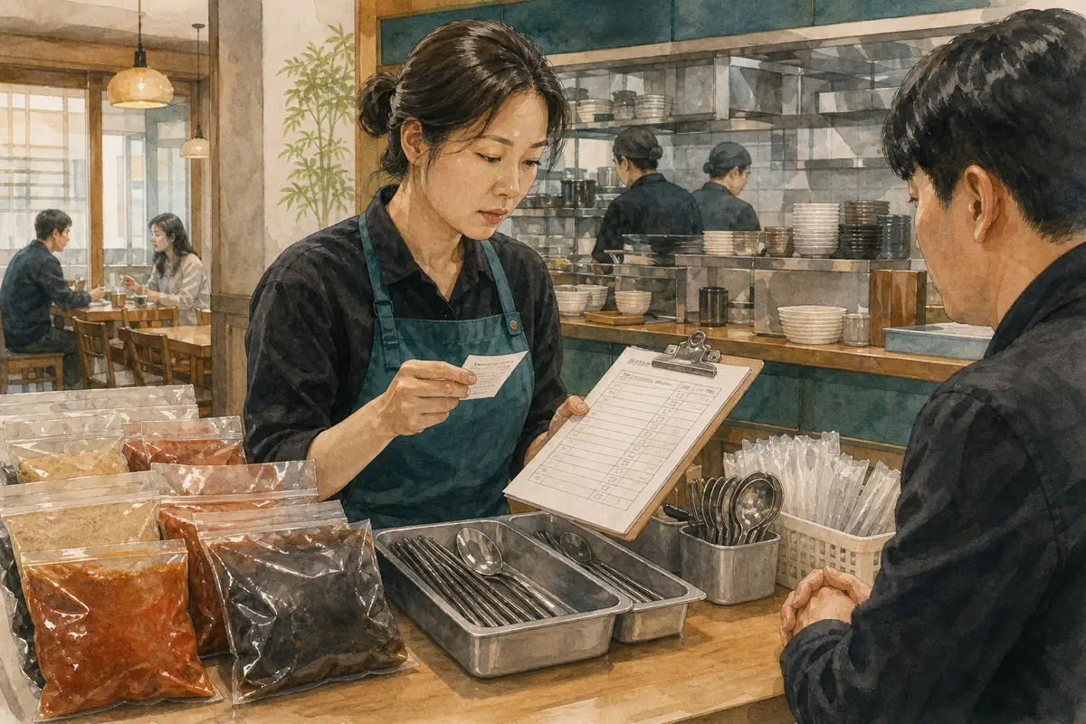 한국인 음식점 사장님이 소스 원재료 라벨과 주문표, 조리도구 동선을 함께 확인하는 장면