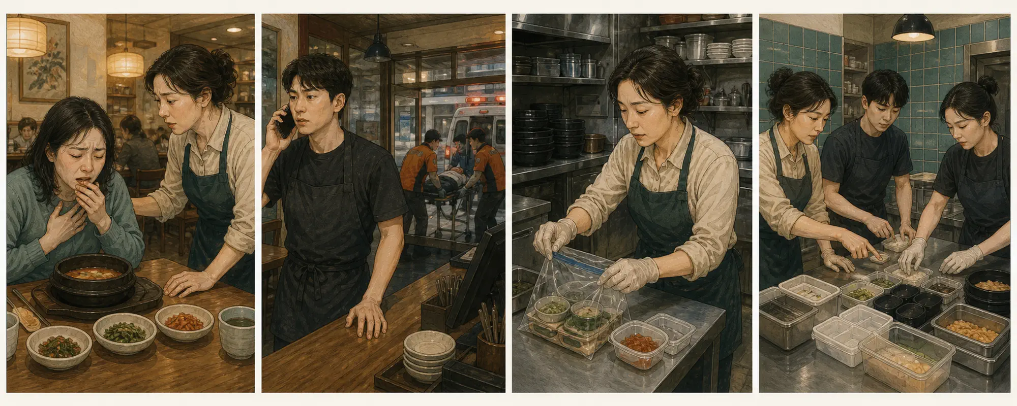 한국 음식점에서 고객이 알레르기 증상을 알리고 직원이 119를 연결한 뒤 사장님이 원재료와 교차접촉 경로를 확인하는 4컷 일러스트