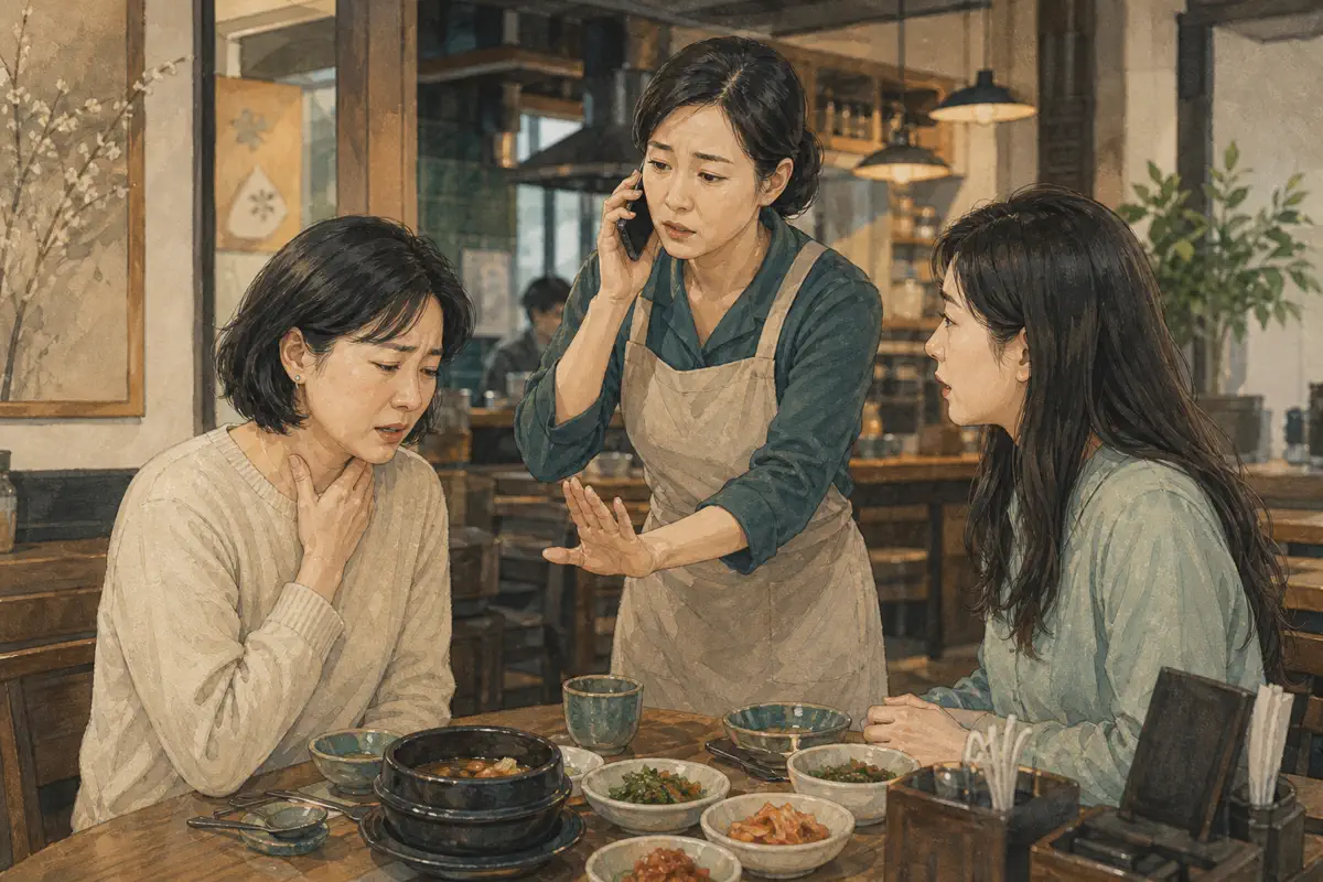 한국 음식점 테이블에서 고객이 목의 불편을 알리고 직원이 안전거리를 두고 119에 연락하는 장면