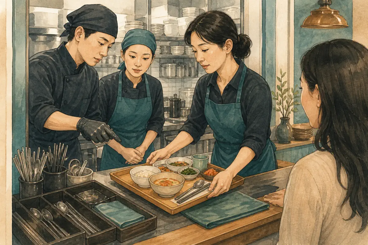 한국 음식점 직원들이 알레르기 주문 전용 표시와 분리 도구를 점검하는 장면