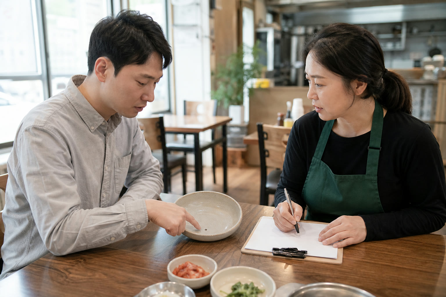 한국인 고객이 동네 음식점 테이블에서 음식 속 작은 이물을 가리키고 직원이 그릇을 치우지 않은 채 주문 정보를 차분히 접수하는 장면