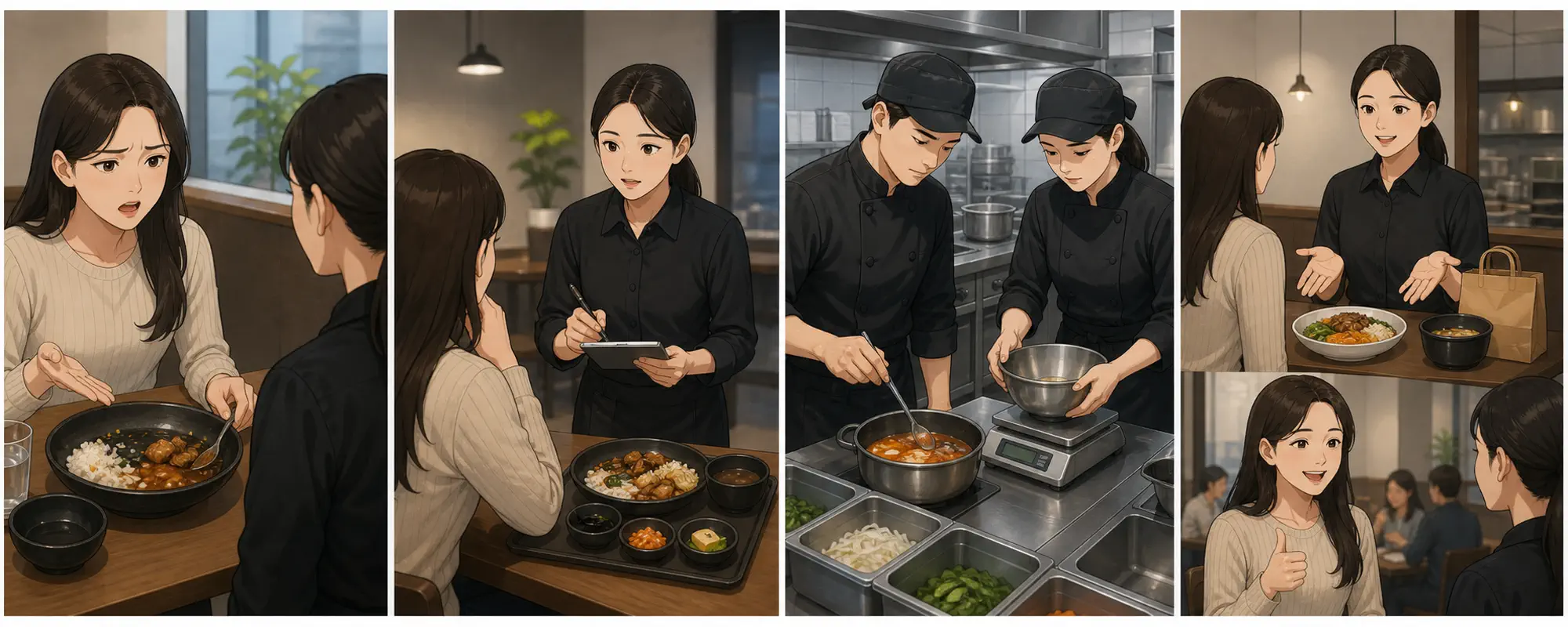 한국 배달 고객의 음식 맛과 양 불만을 매장이 현품 확인, 계량 기록, 재조리 또는 환불 선택지로 처리하는 4컷 일러스트