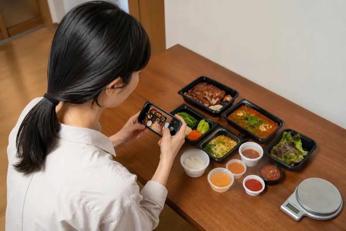 한국 고객이 남은 배달 음식과 주문 화면을 함께 촬영해 양과 구성을 확인하는 장면