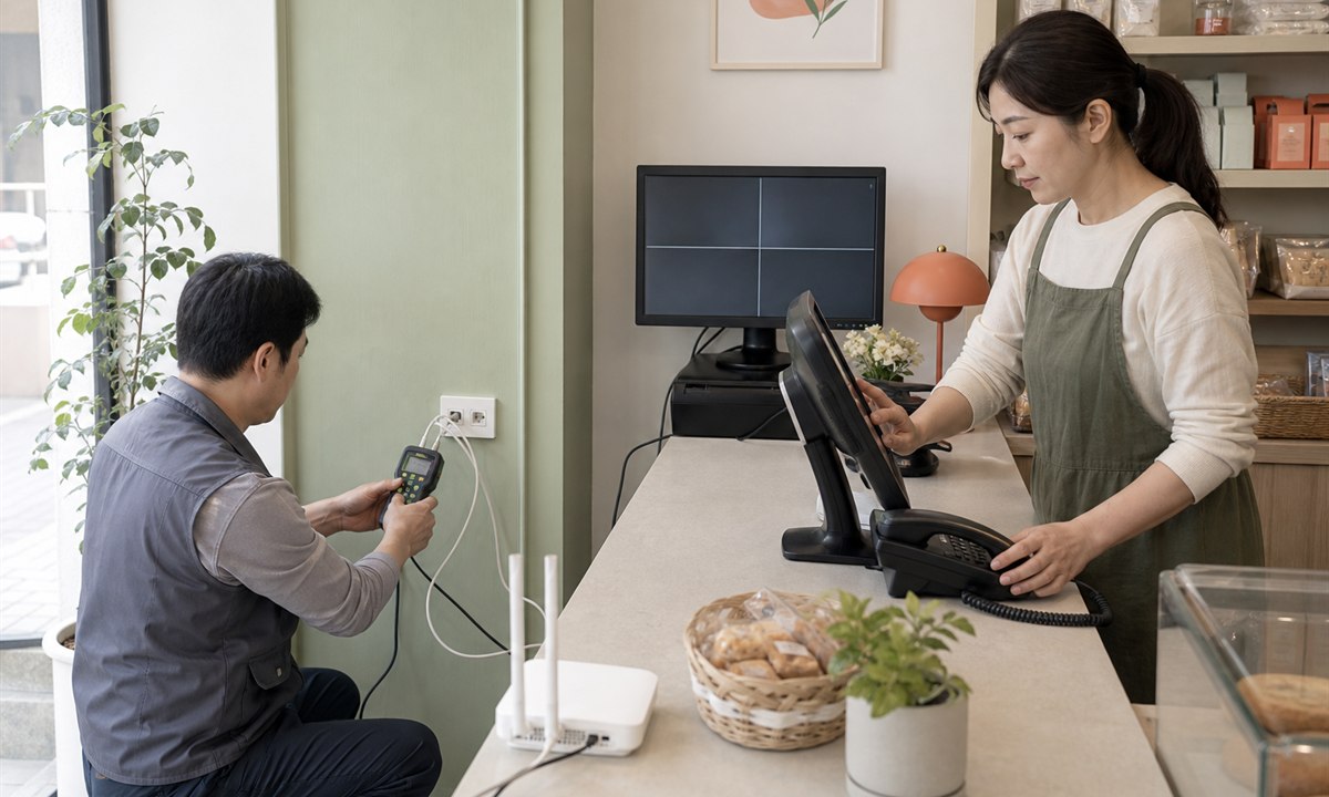 통신 설치기사가 매장 유선 포트를 측정하고 사장님이 POS와 전화, CCTV 연결을 함께 시험하는 장면
