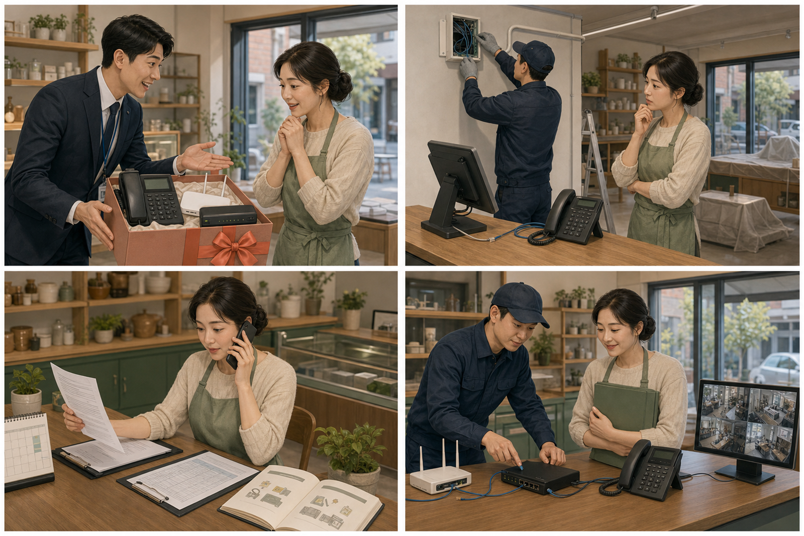 한국인 매장 사장님이 인터넷과 전화 결합상품을 제안받은 뒤 설치 지연을 겪고 공식 계약 조건을 다시 확인해 POS와 전화, CCTV까지 개통 시험하는 4컷 안내 이미지