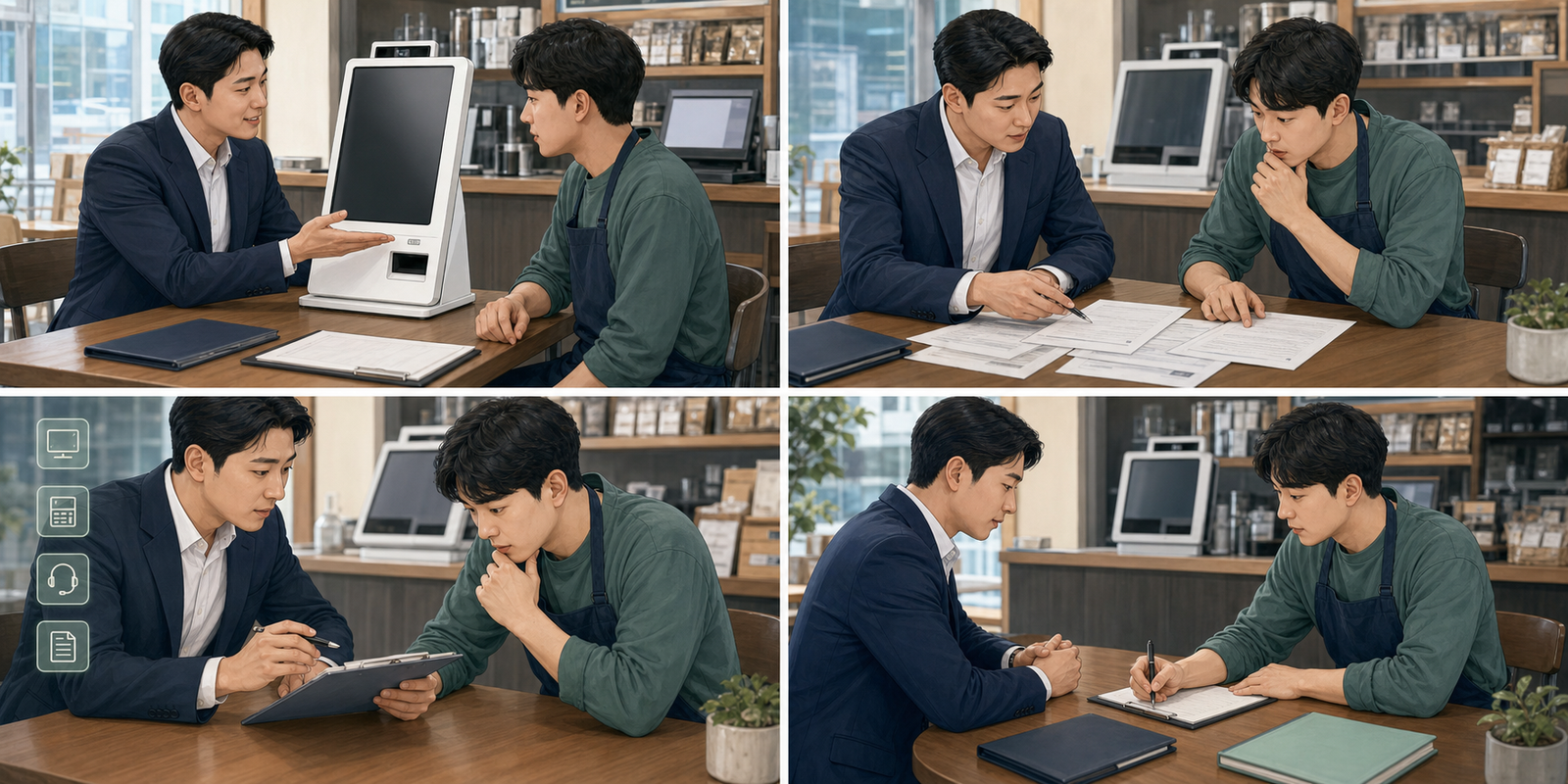 예비 사장님이 매장 키오스크와 POS 렌탈 계약 전 총비용, 위약금, 장비 소유권, A/S와 데이터 반출 조건을 확인하고 서명을 미루는 4컷 안내 이미지