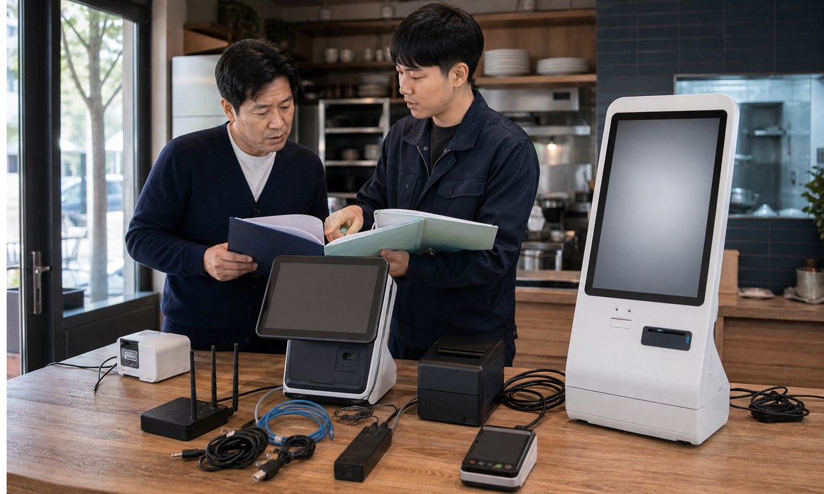 매장 사장님과 설치기사가 키오스크, POS, 카드단말기, 프린터와 통신장비를 계약서별로 확인하는 장면
