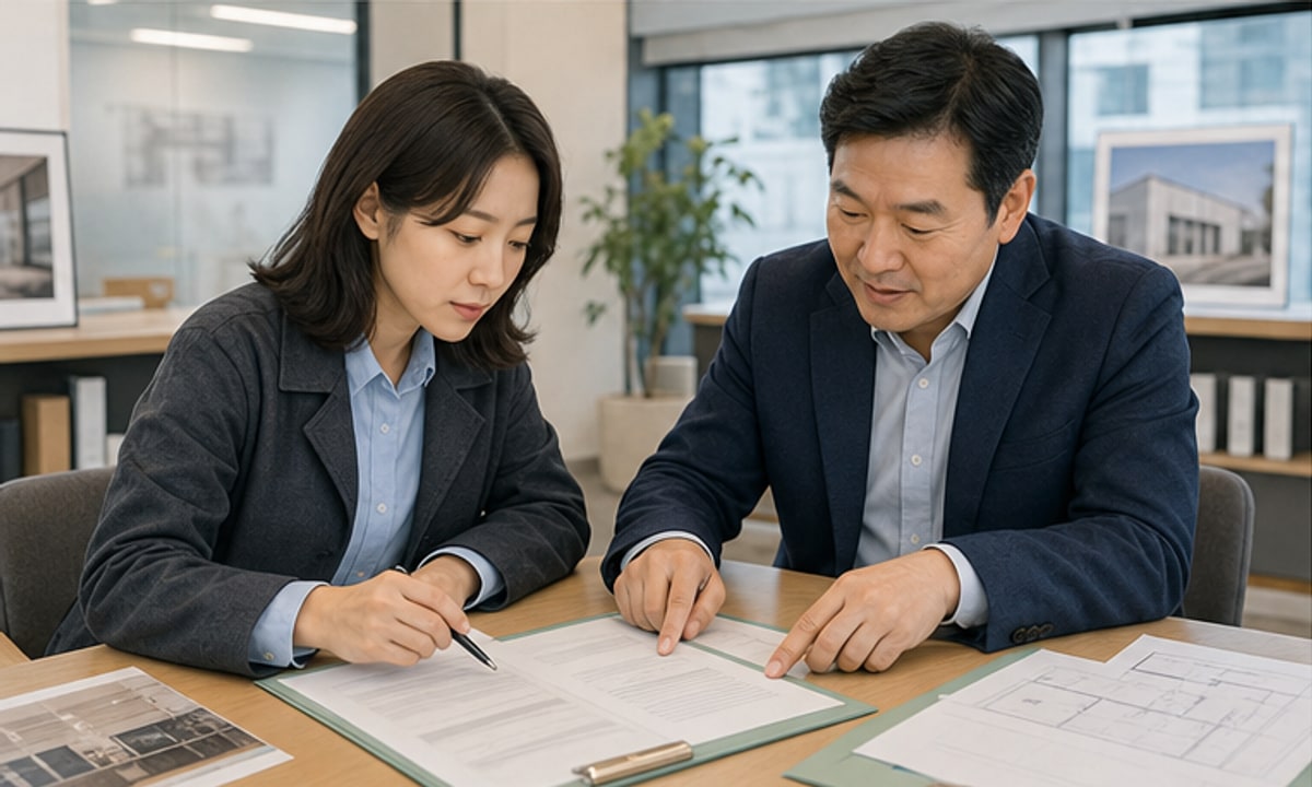 한국 예비 사장님과 공인중개사가 매장 평면도와 임대조건 옆에서 중개보수 계산식, 협의금액과 공동중개 총액을 확인하는 장면