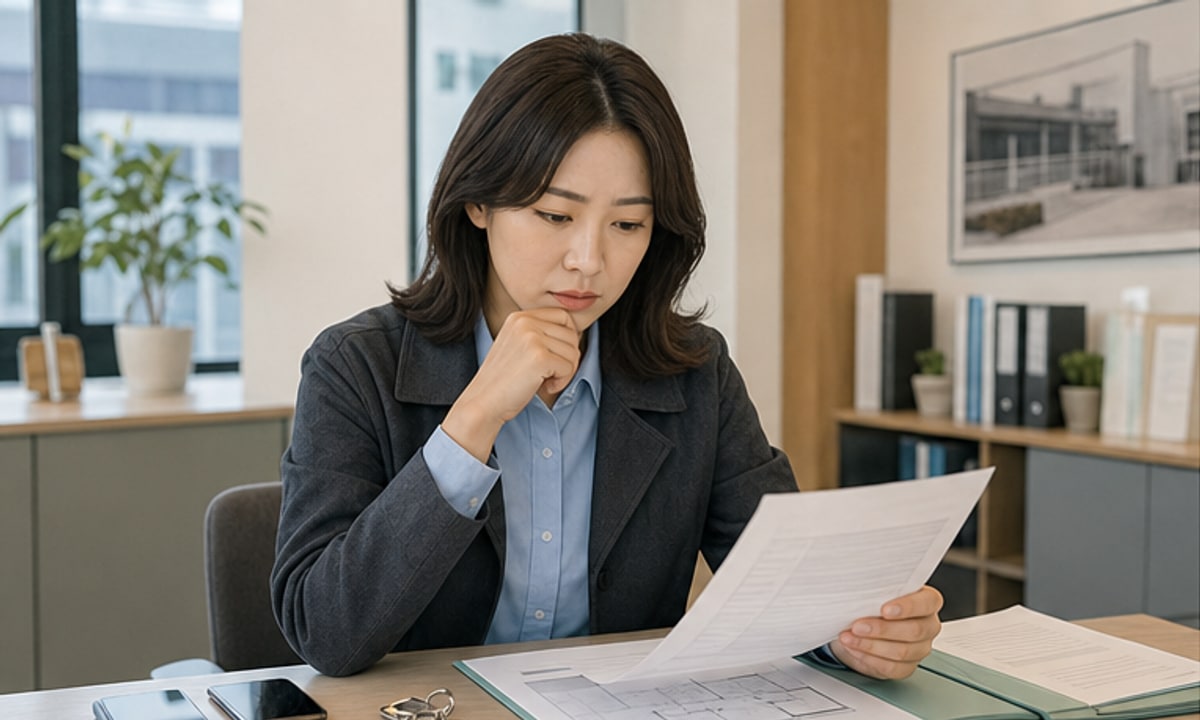 한국 예비 카페 사장님이 매장 임대차계약서 옆에서 보증금과 월세, 중개보수 청구내역을 계산기로 다시 확인하는 장면