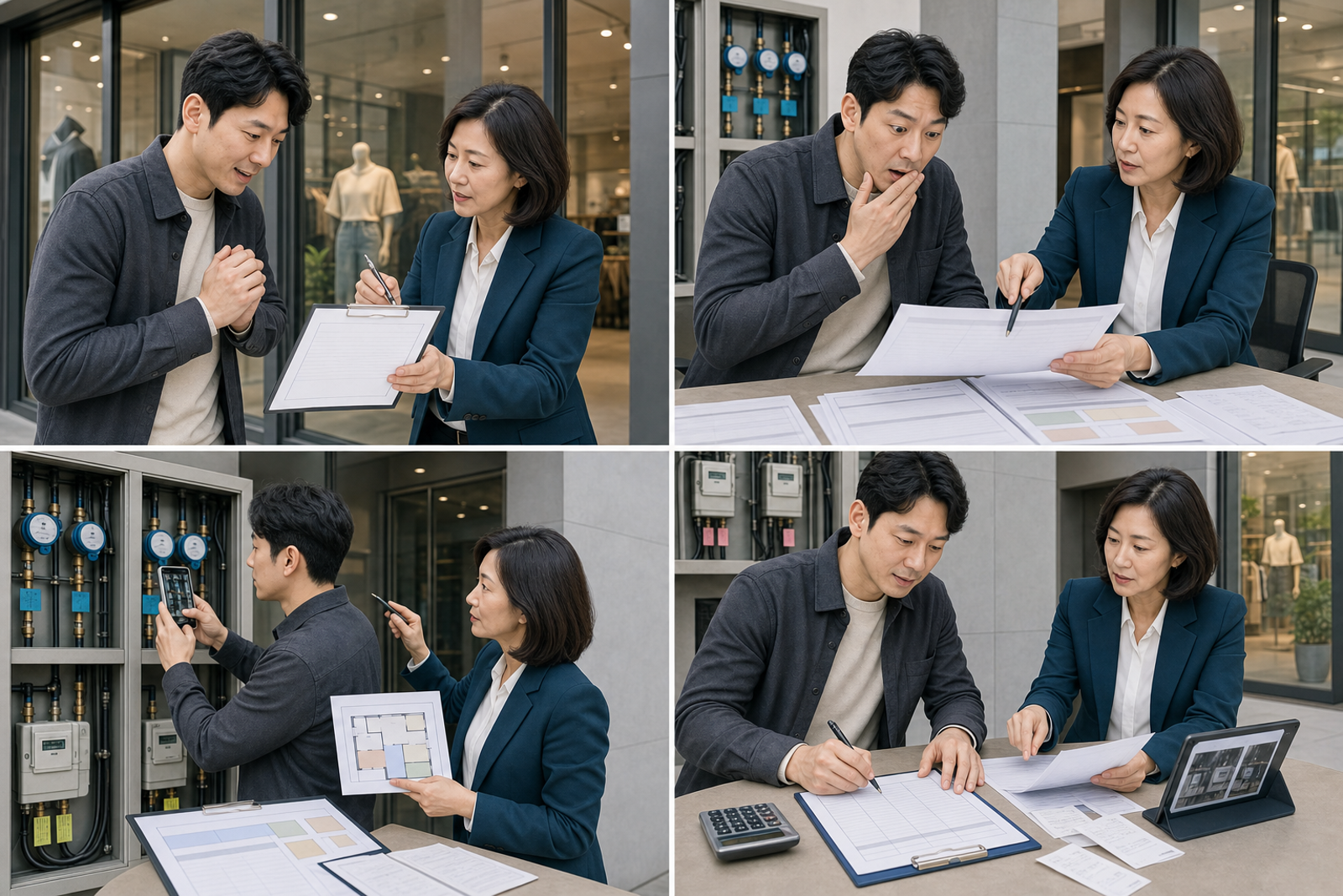 한국인 예비 매장 사장님이 낮은 임대료만 보고 계약한 뒤 예상 밖 관리비를 확인하고 호실별 계량기와 비용 배분 기준을 점검한 다음 월별 고지서를 검산하는 4컷 안내 이미지