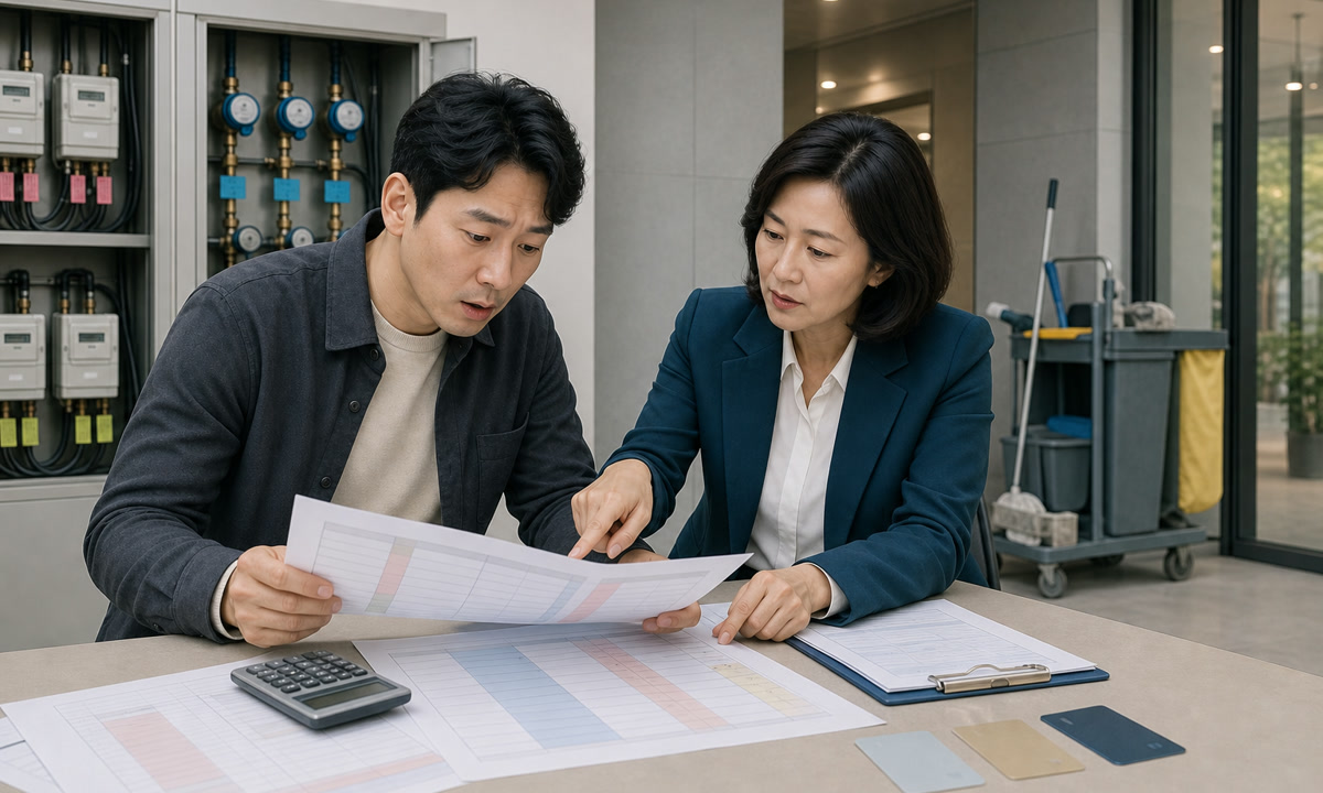 한국인 예비 매장 사장님이 관리사무소에서 여러 장의 관리비 고지서를 보고 예상 밖 총액과 불분명한 부과항목을 확인하는 장면