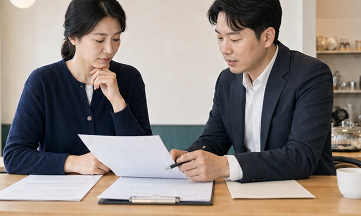 매장 사장님과 음악서비스 담당자가 공연권료와 서비스 비용이 나뉜 항목별 견적서를 함께 확인하는 장면