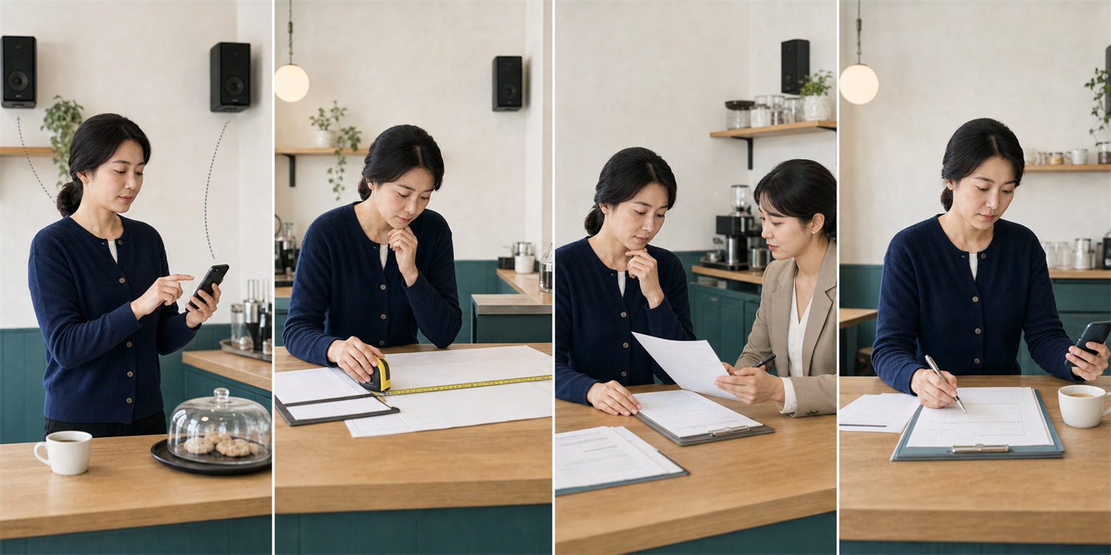 카페 사장님이 개인 스트리밍으로 음악을 틀려다가 업종과 영업허가면적, 공연권료 포함 여부를 확인하고 매장용 계약을 선택하는 4컷 안내 이미지