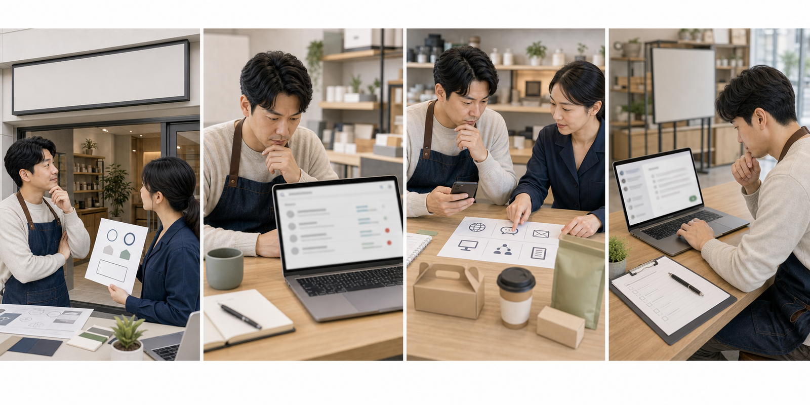 예비 사장님이 매장 이름 후보를 보고 상표검색, 상호 확인, 도메인과 간판 발주 시점을 확인한 뒤 서명을 미루는 4컷 안내 이미지