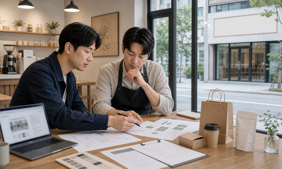 매장 이름 후보와 로고 시안, 상표검색 결과를 검토하는 예비 사장님