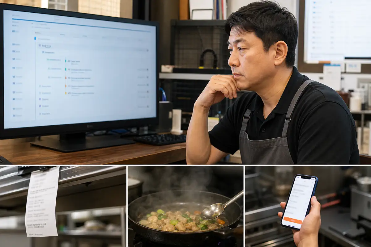 한국 음식점 관리자가 주문 승인과 조리 시작, 취소 요청 시각을 타임라인으로 대조하는 장면