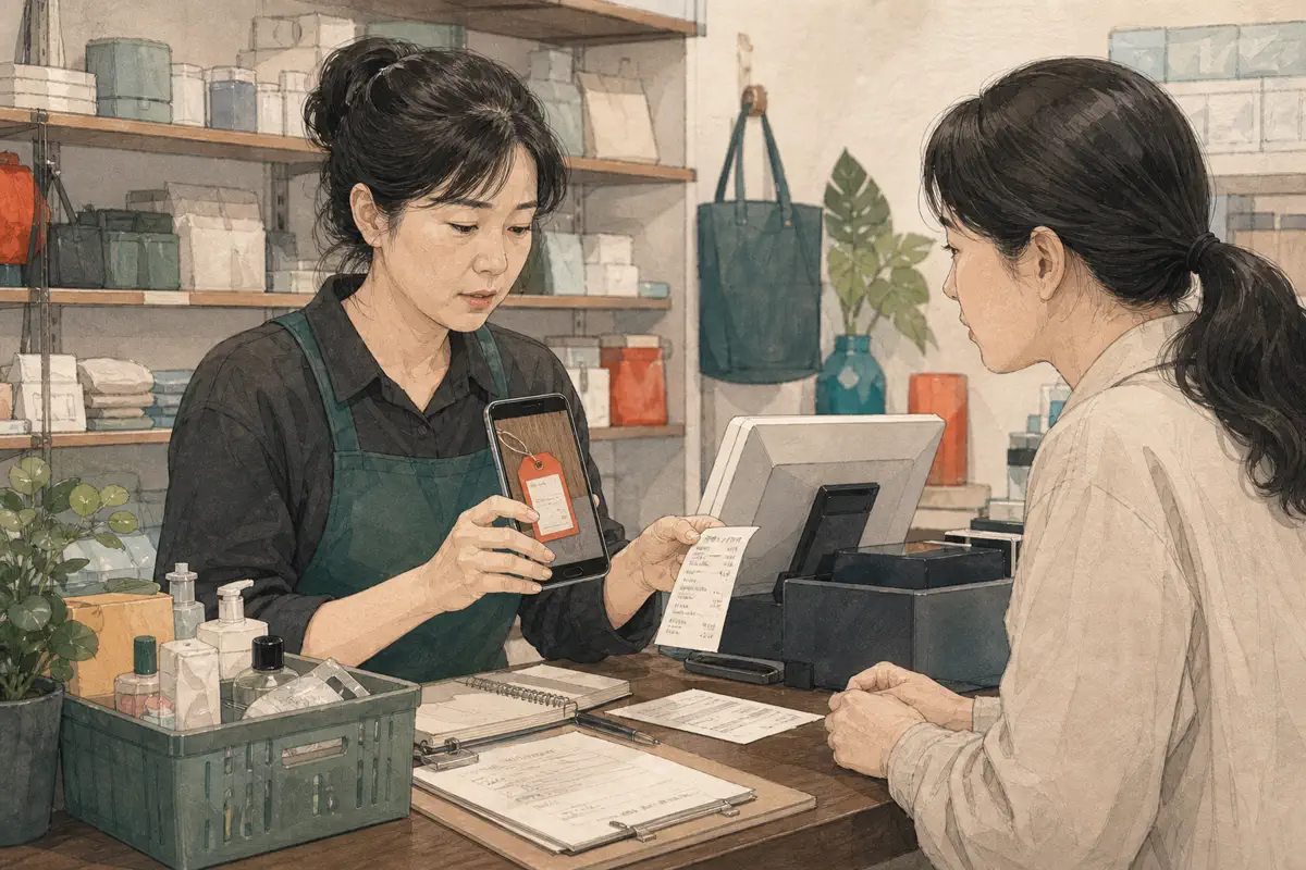 한국인 매장 사장님이 POS 거래 조회와 가격표 사진을 대조하며 부분취소 전표를 준비하는 장면