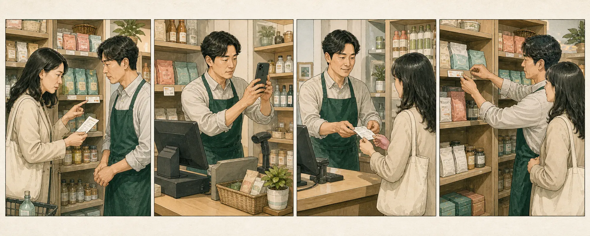 한국 소매점에서 고객이 가격표와 영수증 차이를 알리고 직원이 표시와 POS를 확인한 뒤 차액을 정정하는 4컷 일러스트