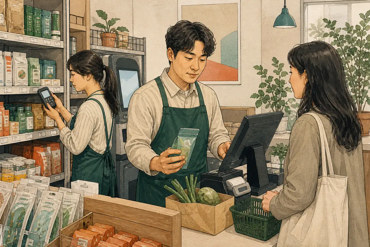 한국 동네 매장 계산대에서 고객과 직원이 진열 가격표와 영수증을 나란히 확인하는 장면