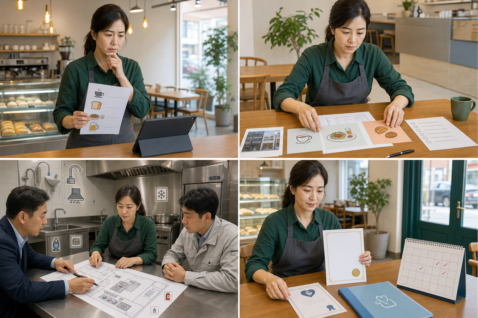 음식점 예비 사장님이 임대차계약 후 영업신고 문제를 발견하고 메뉴와 업종, 건축물과 조리장 도면을 다시 확인해 신고서류를 완성하는 4컷 안내 이미지