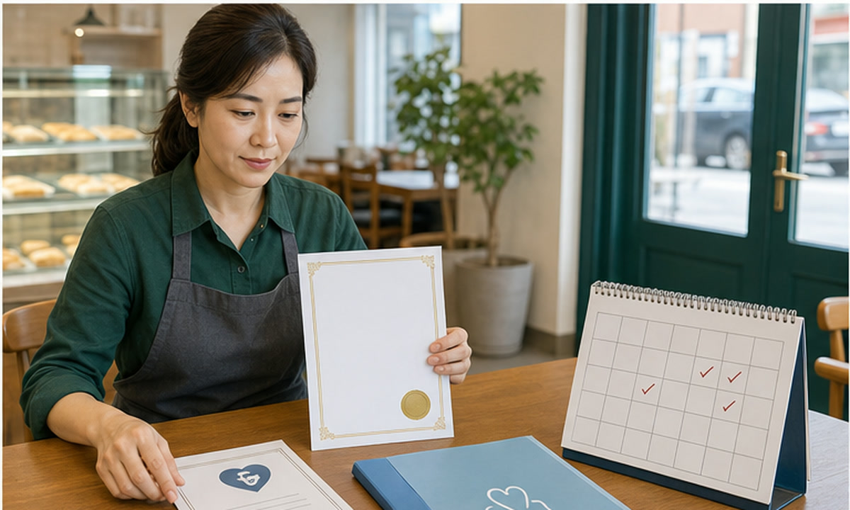 음식점 사장님이 영업신고증과 최종 도면, 교육수료증, 건강진단과 시설 점검 일정을 한 파일과 달력에 정리하는 장면