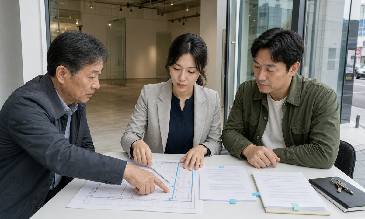 한국인 예비 매장 사장님과 현재 임차인, 건물주가 원임대차계약서와 전대 공간 도면을 함께 대조하는 장면