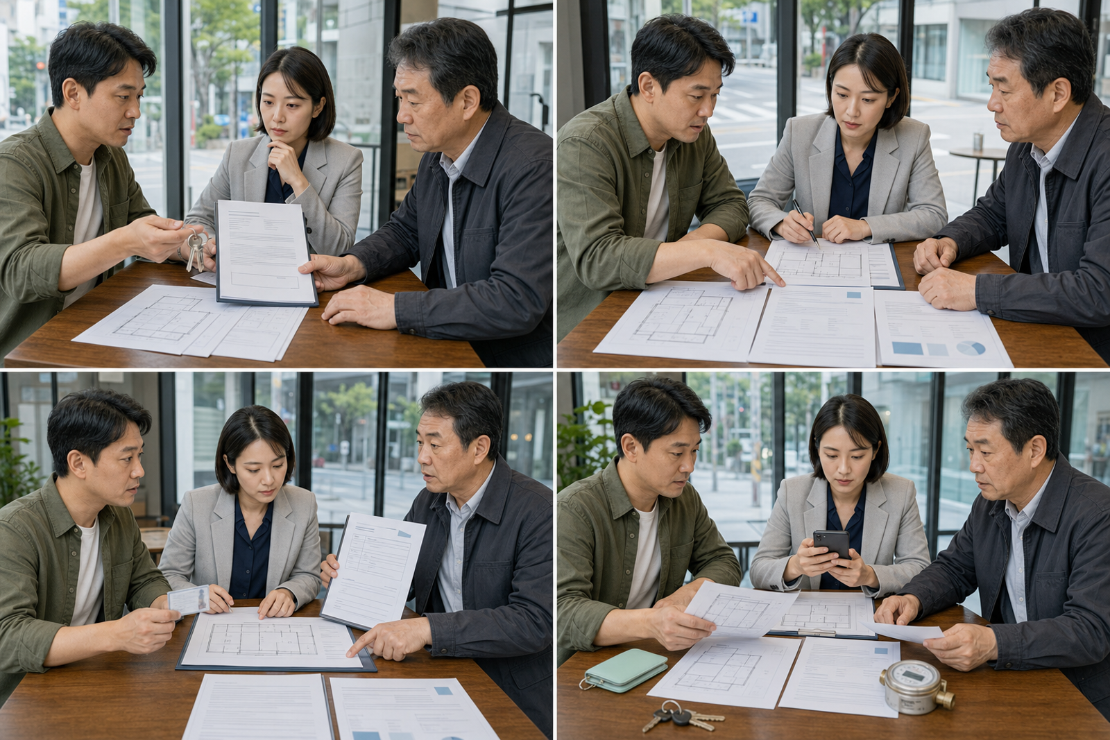 한국인 예비 매장 사장님이 전대차 계약금을 보내기 전 원임대차계약과 매장 도면을 대조하고 건물주 동의서를 받은 뒤 세 당사자가 인수 조건을 확인하는 4컷 안내 이미지