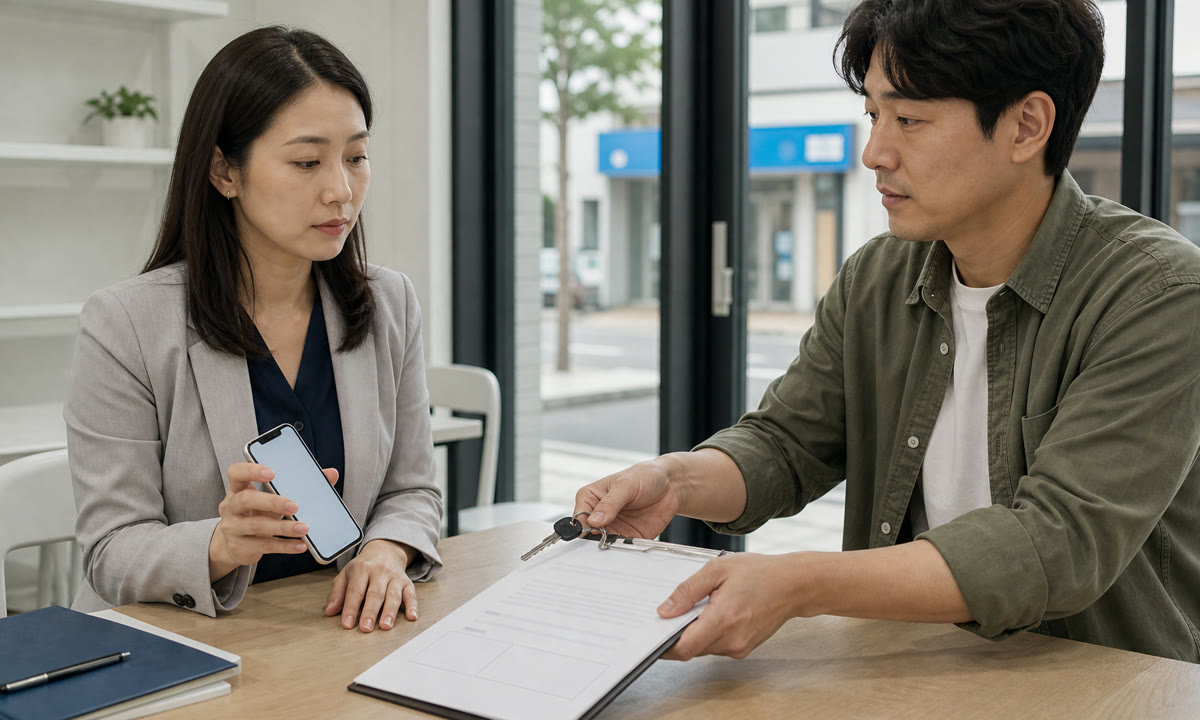 한국인 예비 매장 사장님이 전대차 계약금 송금을 멈추고 현재 임차인이 건넨 열쇠와 건물주 동의가 없는 계약서를 확인하는 장면