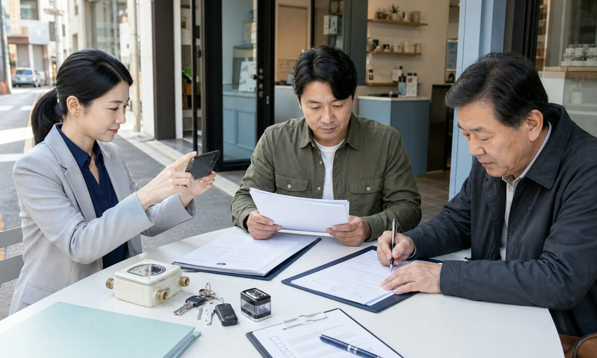 한국인 예비 매장 사장님과 현재 임차인, 건물주가 같은 전대차 서류를 확인하고 열쇠와 계량기 상태를 기록하는 장면