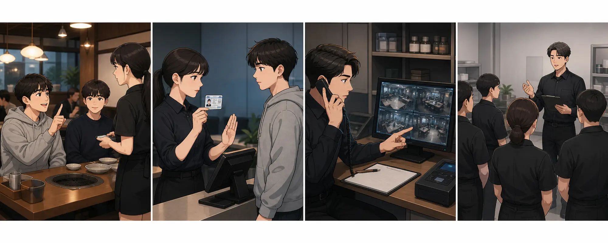 한국 음식점에서 직원이 주류 주문 고객의 공식 신분증을 확인하고 의심 신고 뒤 판매 중지, CCTV 보존, 행정절차를 밟는 4컷 일러스트