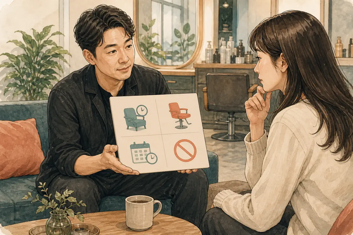 한국인 매장 직원이 고객에게 대기, 담당 변경, 일정 변경과 취소 선택지를 차분히 설명하는 장면