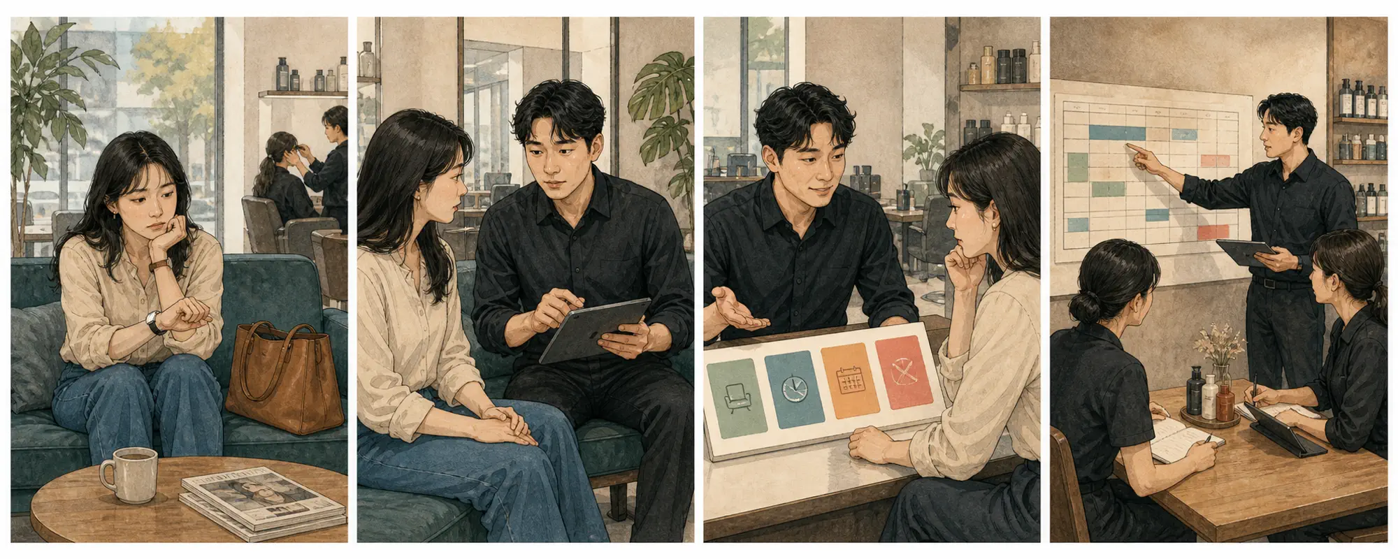 한국 예약 매장에서 고객이 지연을 항의하고 직원이 정확한 예상시간과 변경·취소안을 안내한 뒤 예약 간격을 고치는 4컷 일러스트