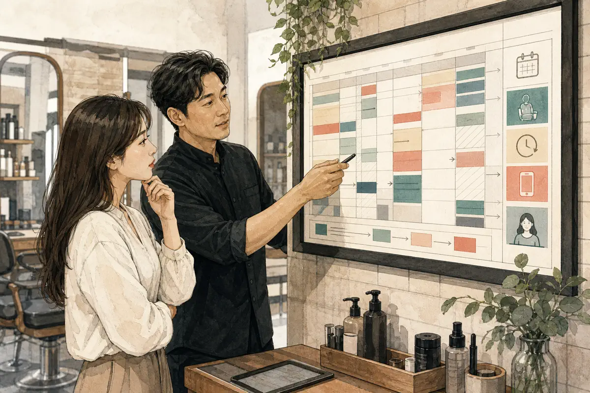 한국 매장 사장님이 예약표의 버퍼와 지연 알림 기준을 직원들과 점검하는 장면