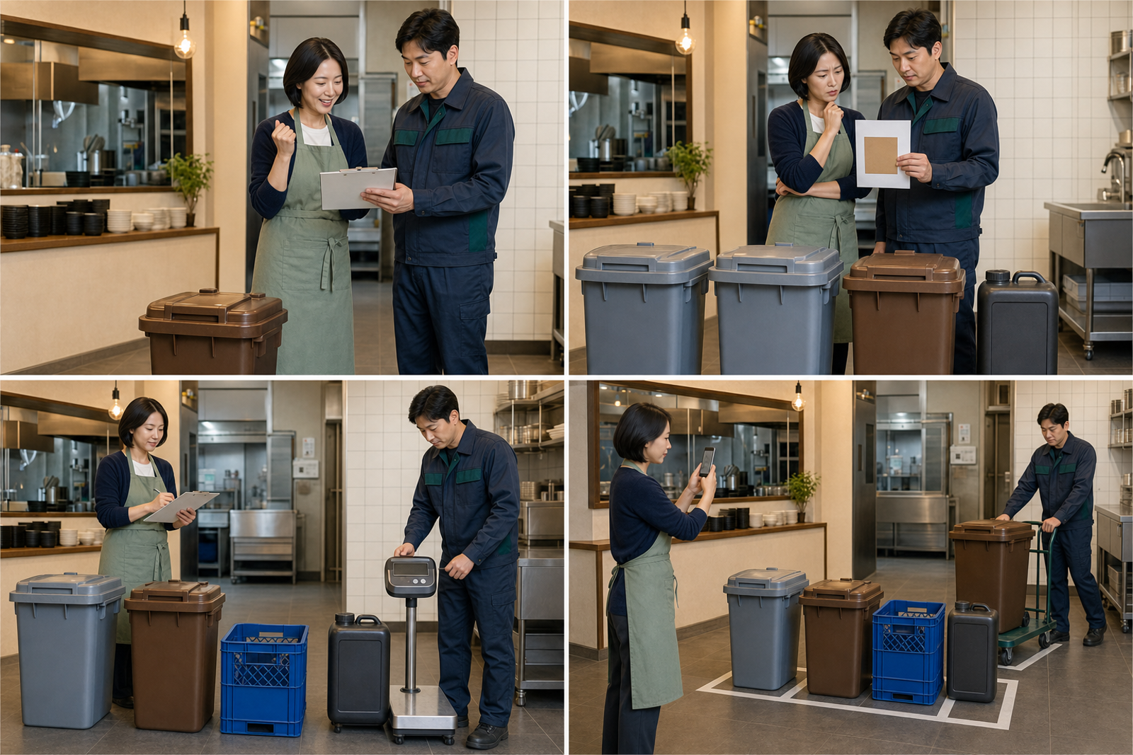 한국인 매장 사장님이 낮은 폐기물 수거 견적을 받은 뒤 수거 누락과 추가요금을 겪고 폐기물 분류·허가 범위·계량을 확인한 다음 기록을 남기며 수거하는 4컷 안내 이미지