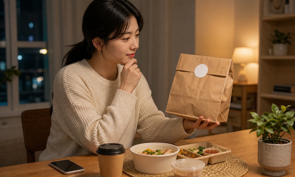 손님이 집에서 포장 봉투 스티커를 보고 가게를 떠올리는 장면