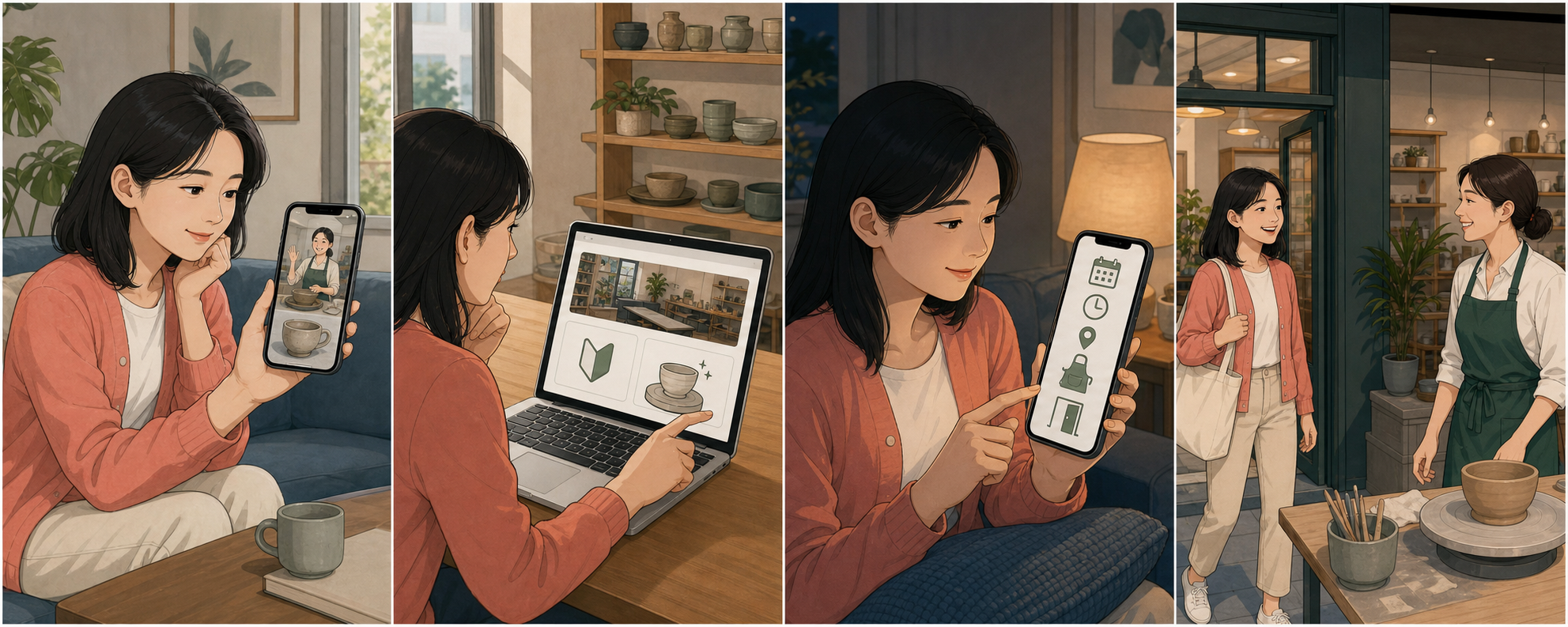 다음 달 공방 수업을 알아보는 고객에게 가치와 완성 경험을 보여 주고 방문 전날에는 시간 장소 준비물을 안내해 무사히 참여하게 하는 4컷 만화