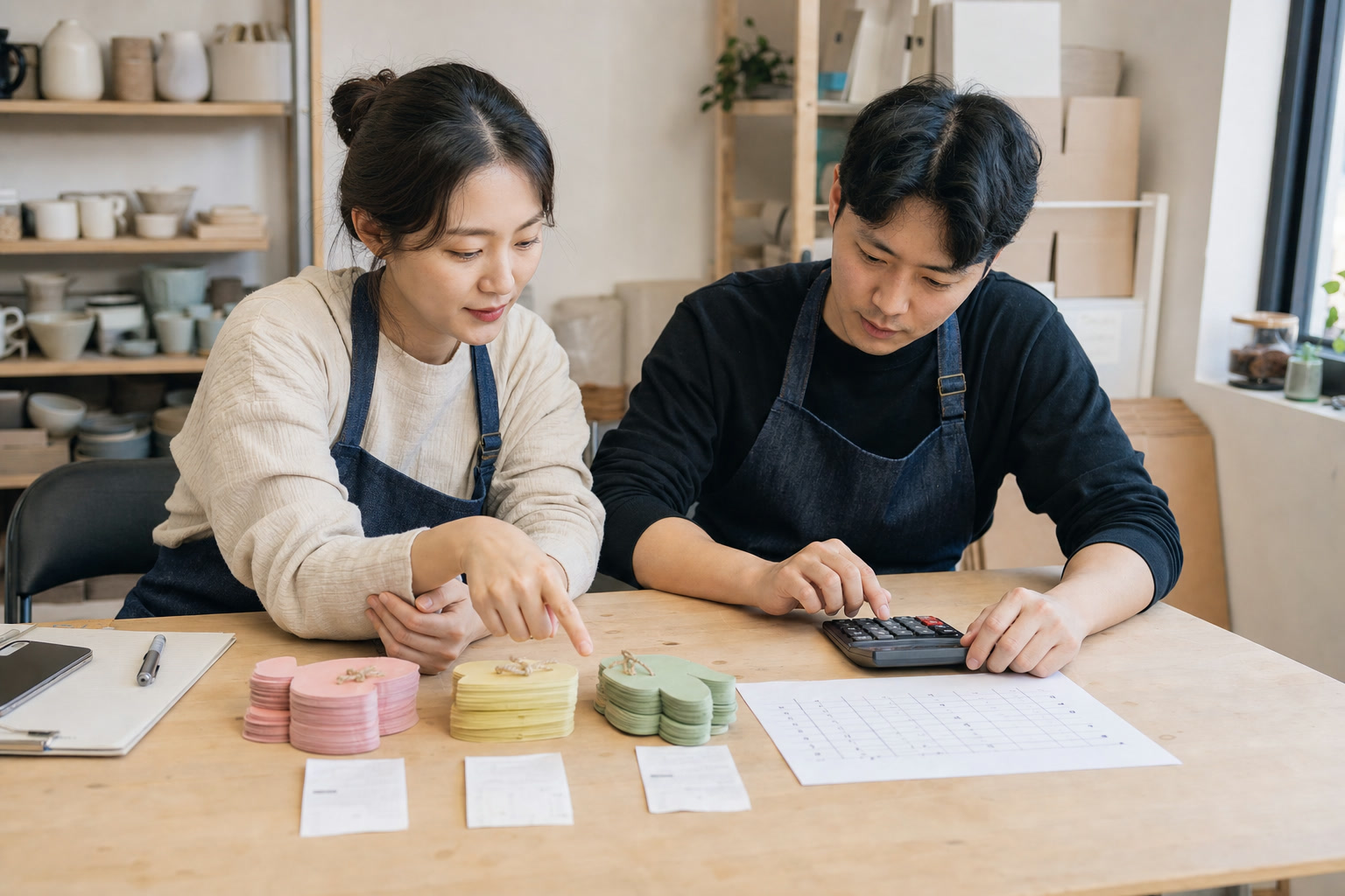 두 명의 한국 소상공인이 세 가지 옵션별 주문 질문 변경 취소 작업 시간 이익을 운영표에서 함께 점검하는 장면