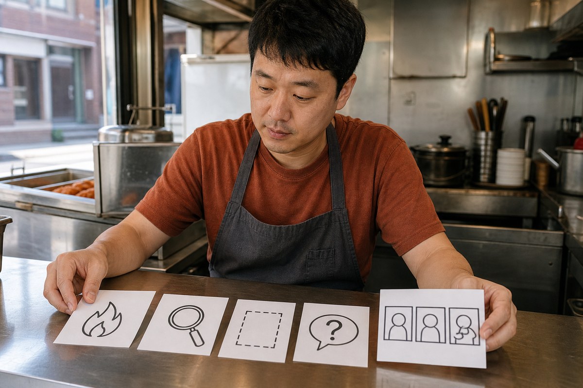 한국의 동네 분식집 사장님이 인기 불꽃, 검색 돋보기, 손님 질문, 주문 안내를 뜻하는 그림 카드 중 실제 매장에 맞는 주제를 고르는 장면