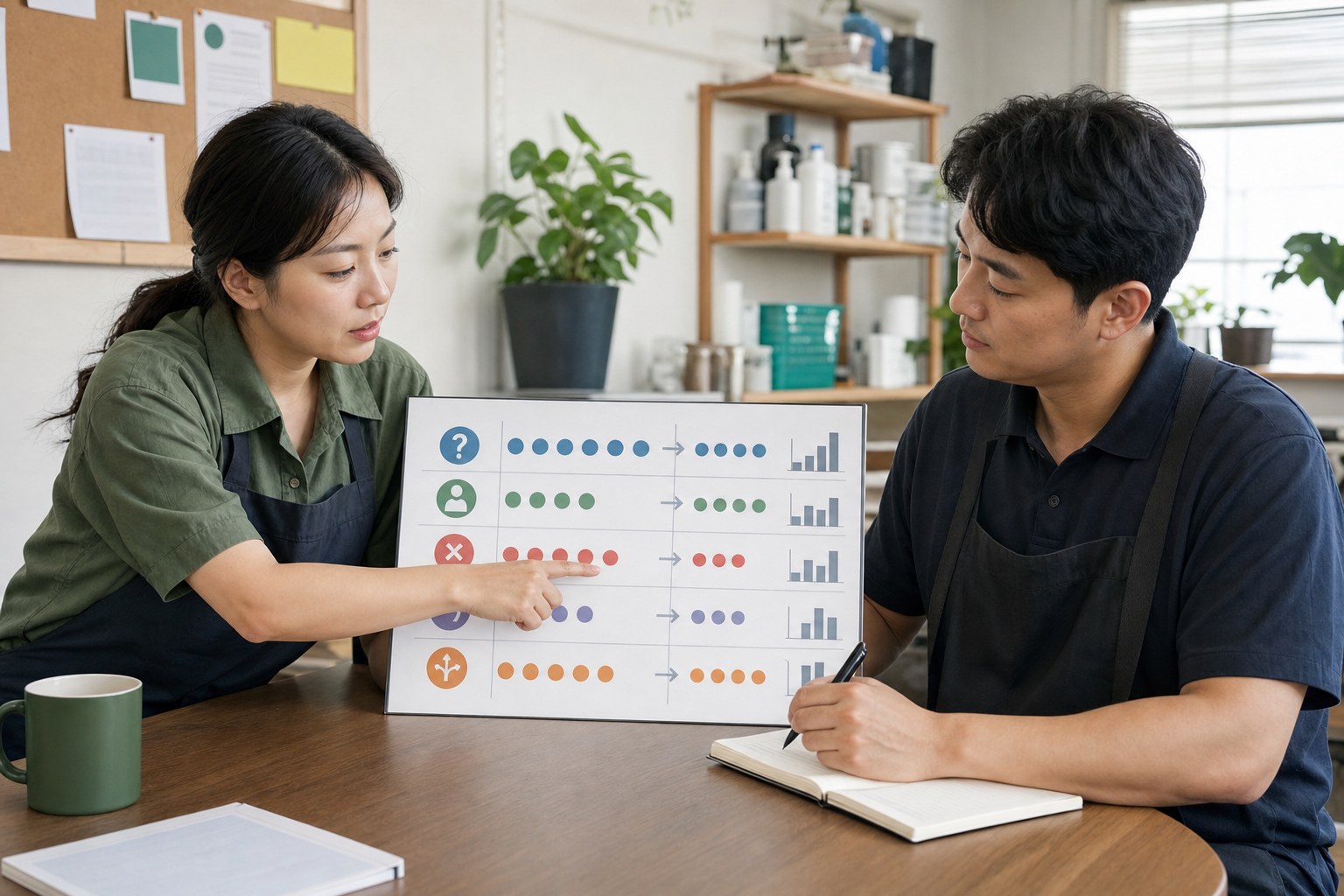 한국의 소상공인 팀이 양면 메시지 적용 전후의 반복 질문 적합 문의 취소 불만 대안 선택을 채널별 표로 비교하는 장면