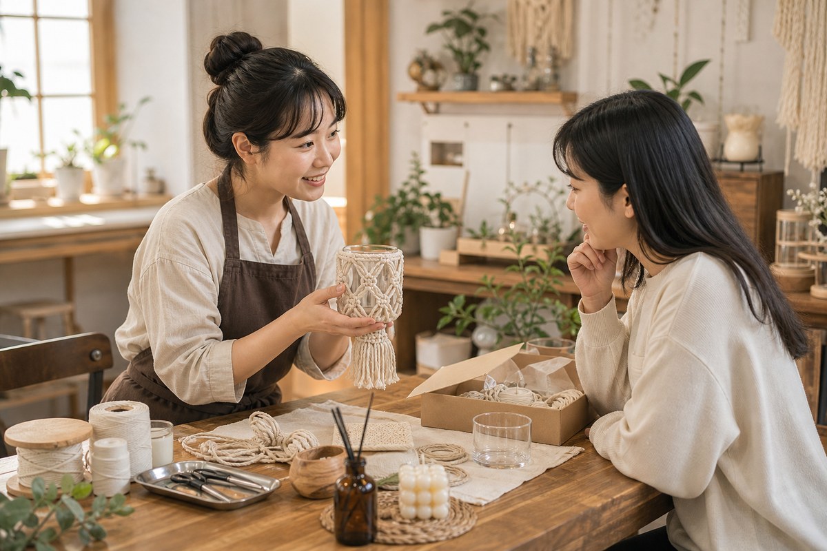 공방에서 원데이클래스 결과물을 보여주며 상담하는 모습